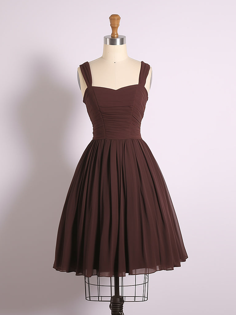 Simple A-Line Sweetheart Neck Chiffon Brown Short Prom Dress, Brown Homecoming Dress