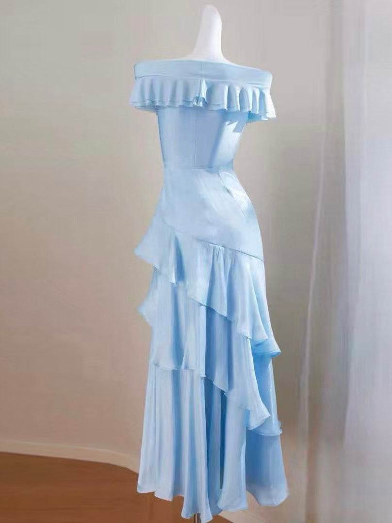Mermaid Off Shoulder Silk Floor Length Blue Prom Dress, Blue Evening Dress