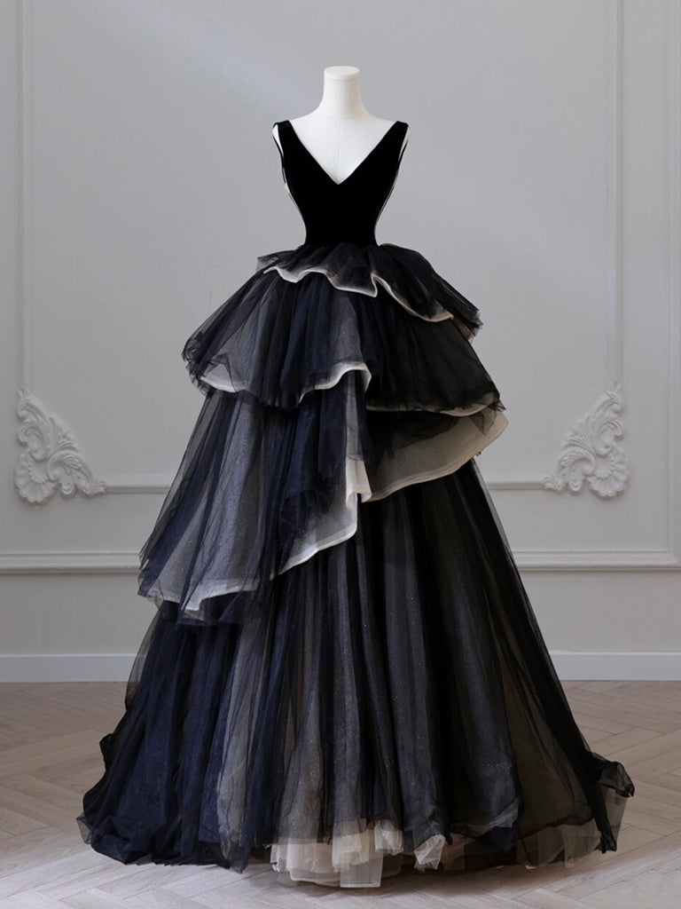 Black V Neck Tulle Long Prom Dress, Black Long Evening Dress