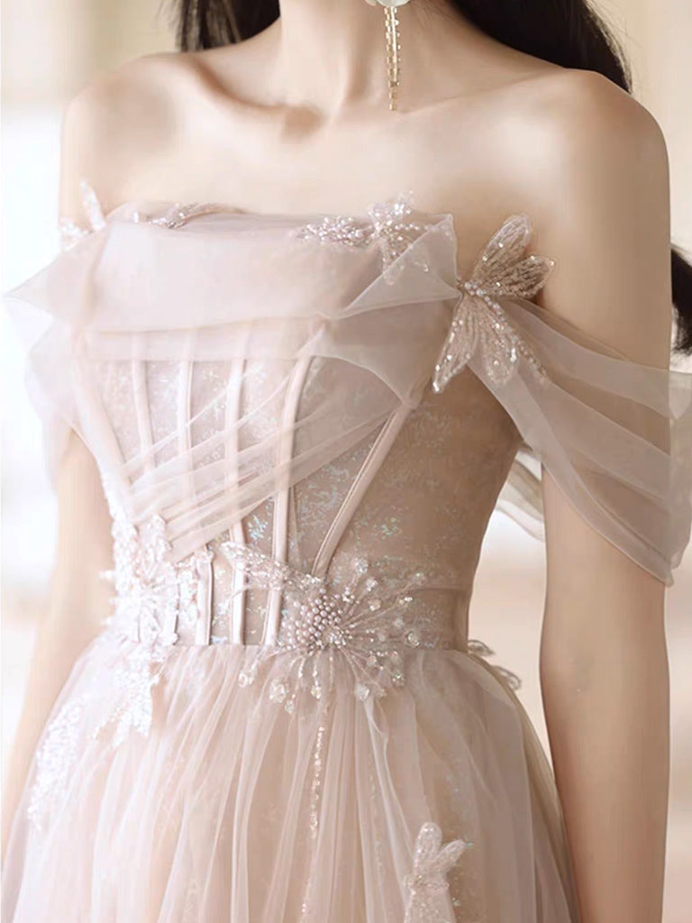 A-Line Off Shoulder Tulle Champagne Long Prom Dress, Champagne Long Formal Dress