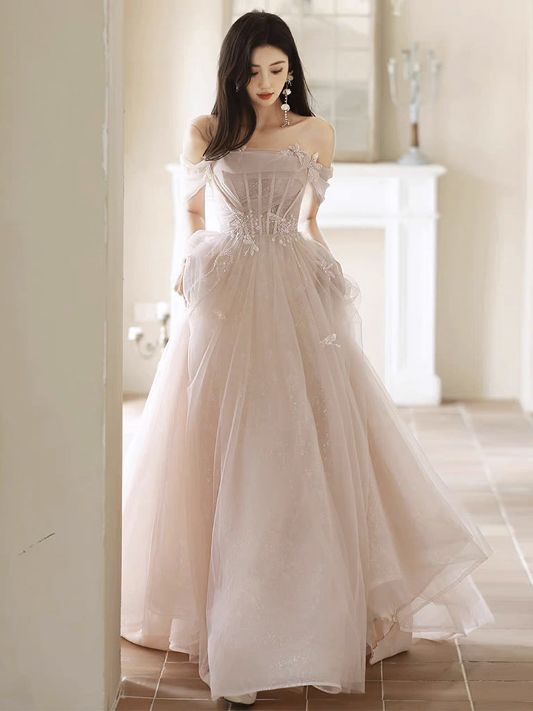 A-Line Off Shoulder Tulle Champagne Long Prom Dress, Champagne Long Formal Dress