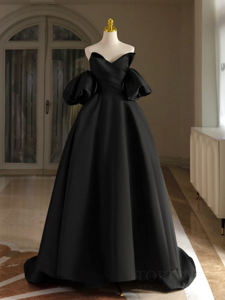 A-Line V Neck Puff Sleeves Satin Black Long Prom Dress, Black Long Formal Dress