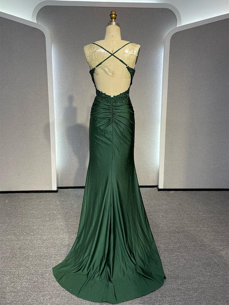 Simple Backless Mermaid Lace Green Long Prom Dress, Green Formal Dress