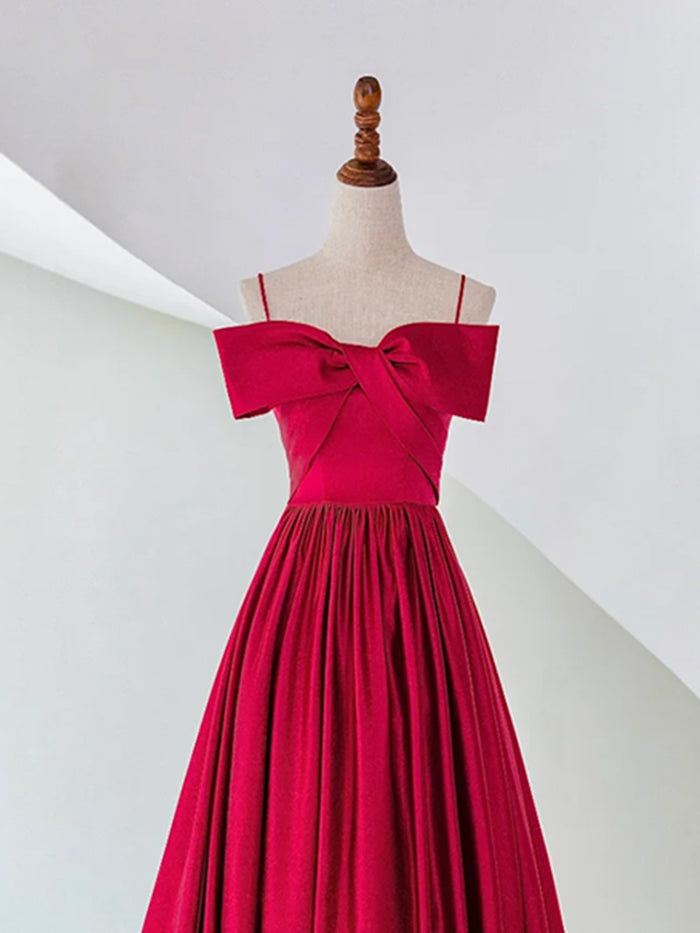 A-Line Off Shoulder Satin Red Long Prom Dress, Red Evening Dress