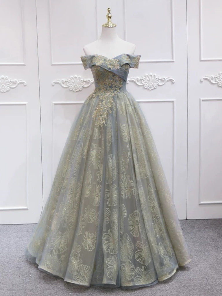 A-Line Tulle Lace Off Shoulder Gray Long Prom Dress