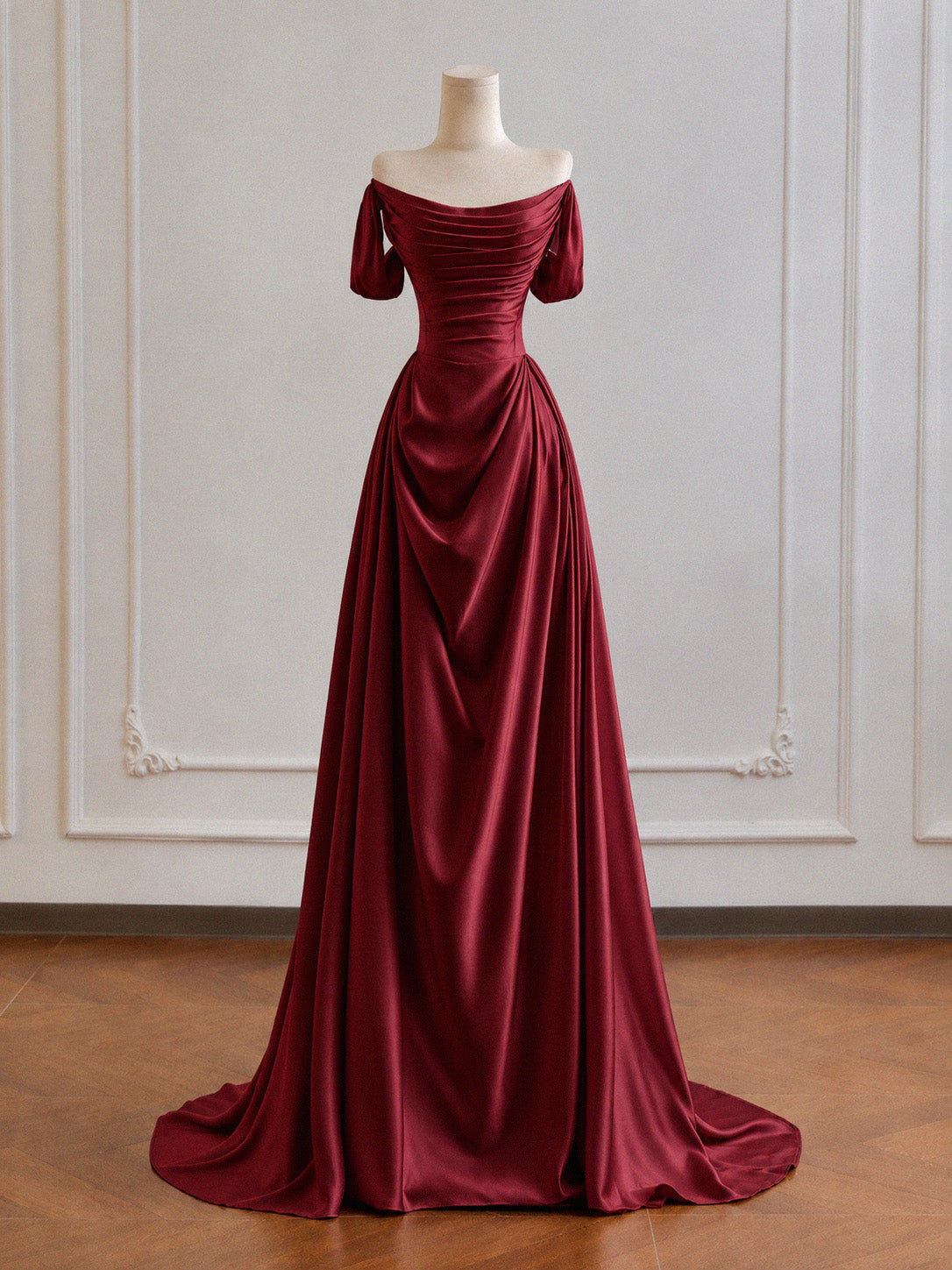 A-line Off Shoulder Satin Burgundy Long Prom Dress