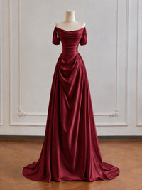 A-line Off Shoulder Satin Burgundy Long Prom Dress