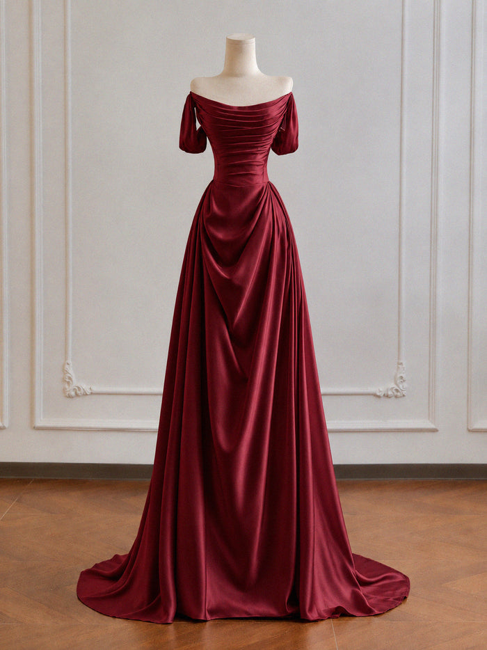 A-line Off Shoulder Satin Burgundy Long Prom Dress