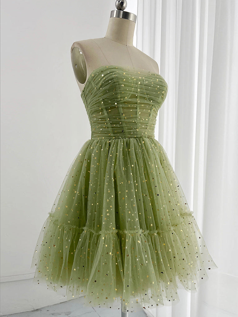A-Line Tulle Green Short Prom Dress, Cute Green Homecoming Dress