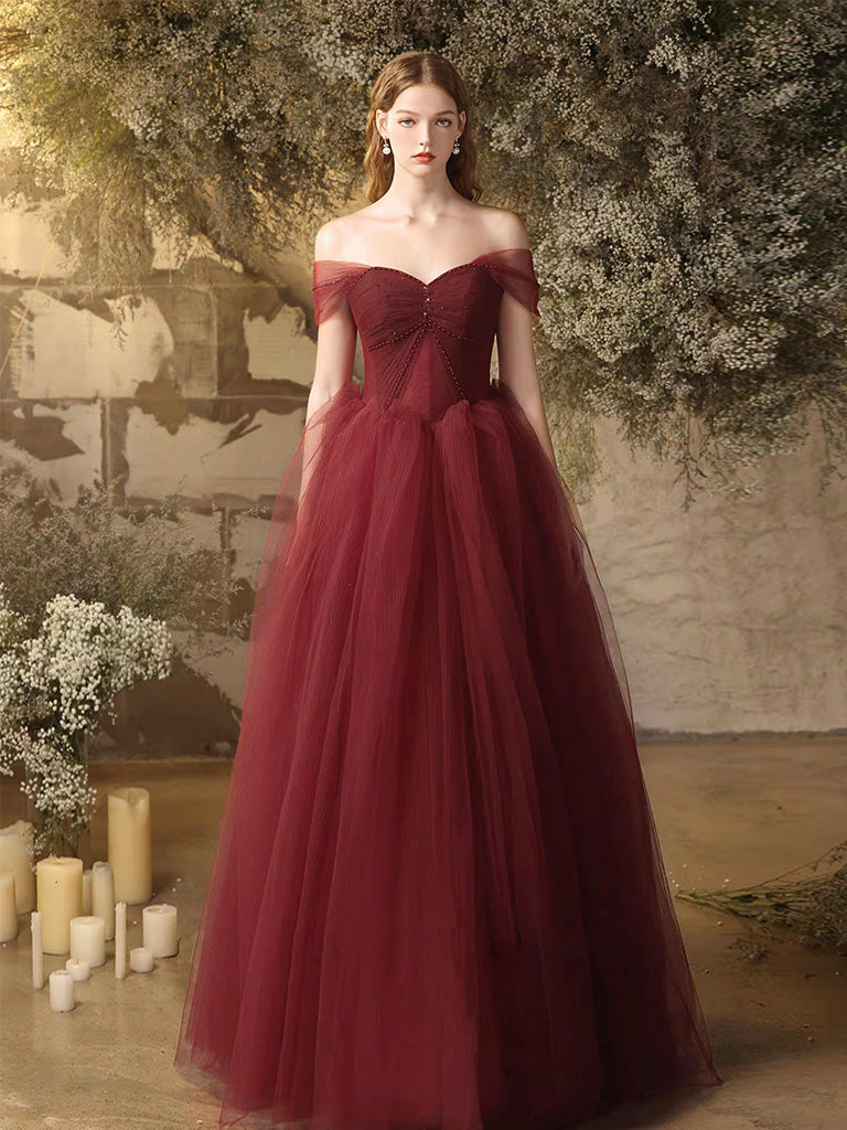 Burgundy Off Shoulder Tulle Long Prom Dress, Burgundy Long Formal Dress