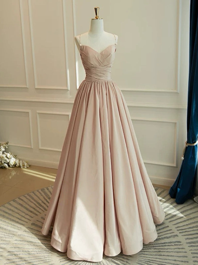 A-Line V Neck Taffeta Champagne Long Prom Dress, Champagne Long Formal Dress