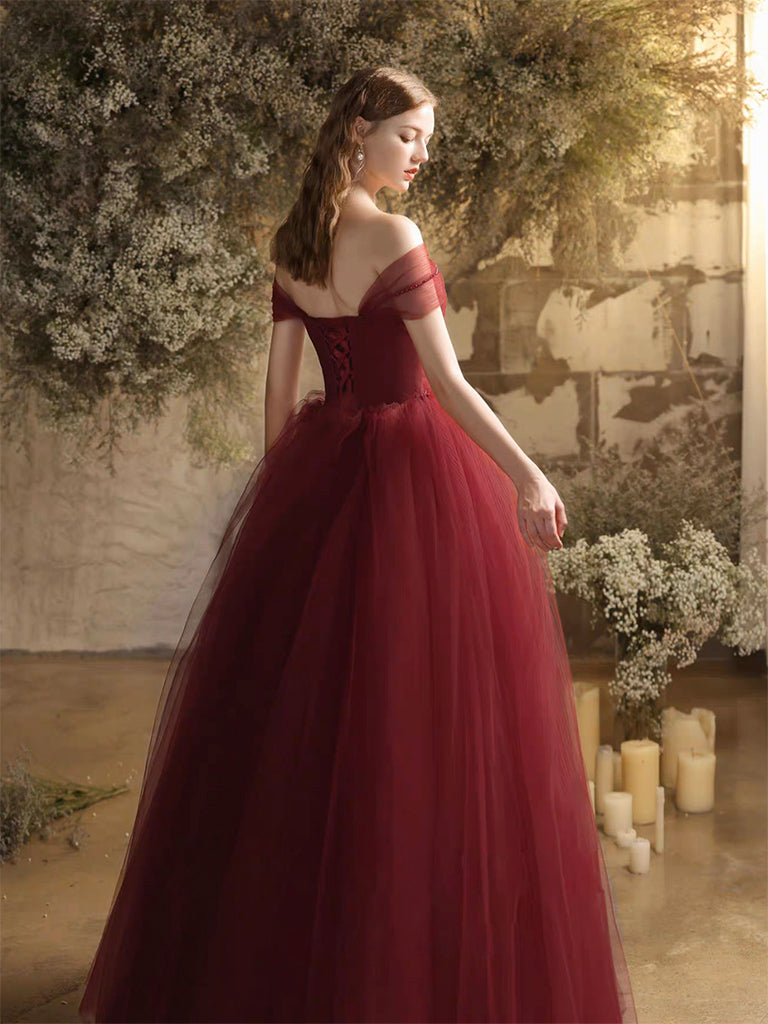 Burgundy Off Shoulder Tulle Long Prom Dress, Burgundy Long Formal Dress