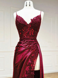 Mermaid V Neck Satin Lace Burgundy Long Prom Dress, Burgundy Long Formal Dress