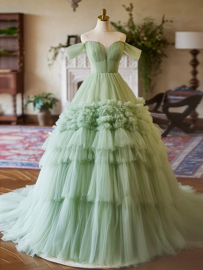 A-Line Off Shoulder Sweetheart Neck Tulle Green Long Prom Dress