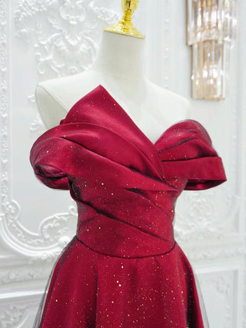 A Line Off the Shoulder Satin Tulle Sequins Prom Dress LBQ3973
