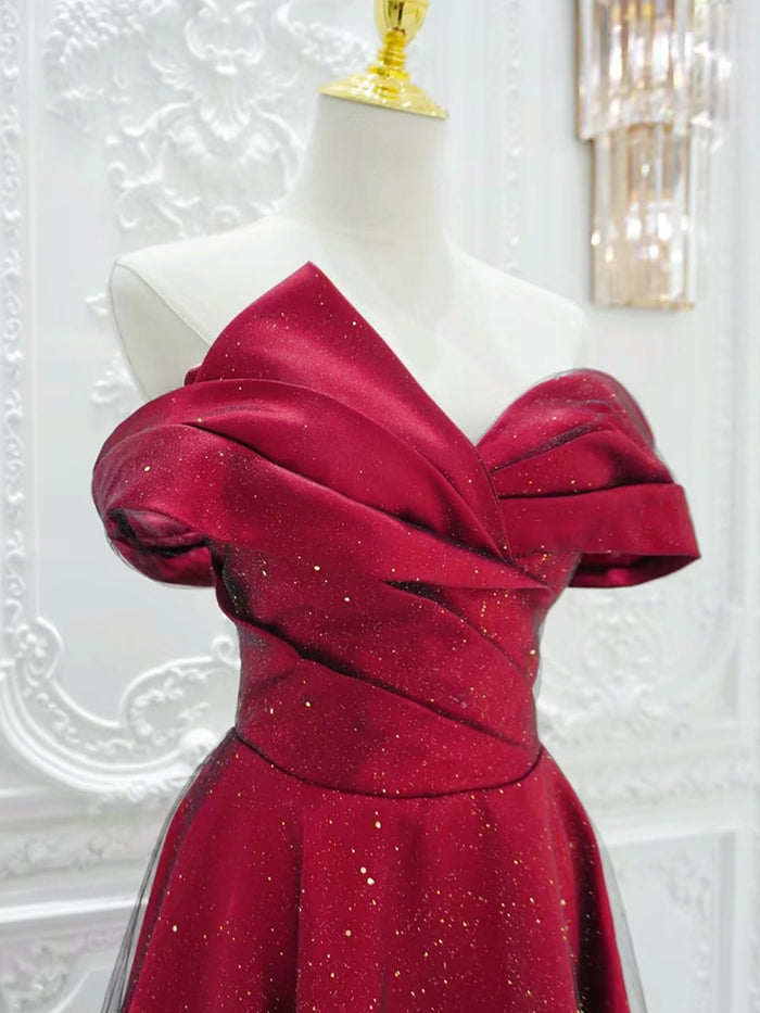 A-Line Off Shoulder Tulle Satin Burgundy Long Prom Dress