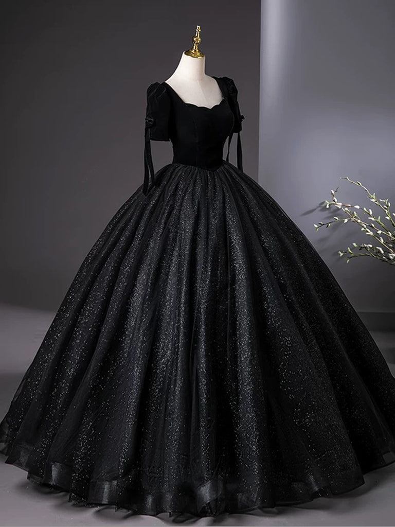 A-Line Tulle Velvet Sequin Black Long Prom Dress, Black Long Evening Dress