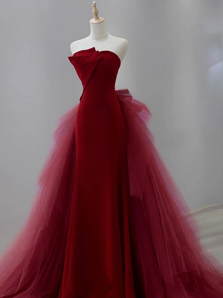 Mermaid Tulle Velvet Burgundy Long Prom Dress, Burgundy Long Evening Dress