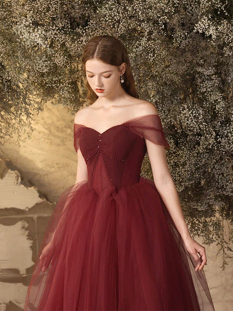 Burgundy Off Shoulder Tulle Long Prom Dress, Burgundy Long Formal Dres toptby Burgundy Off Shoulder Tulle Long Prom Dress, Burgundy Long Formal Dres toptby