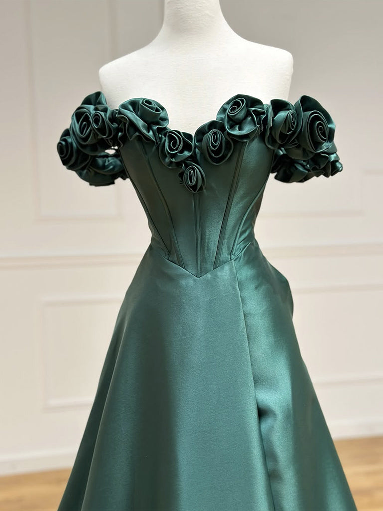 A-Line Off Shoulder Satin Green Long Prom Dress, Green Long Formal Dress