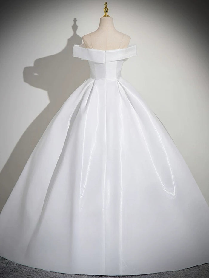 A-Line White Satin Long Prom Dress, White Long Formal Dress