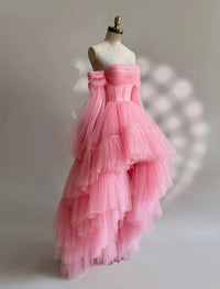 A-Line Long Sleeves High Low Tulle Lace Pink Prom Dress