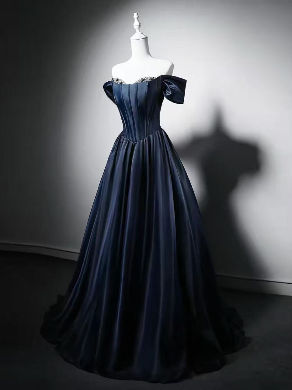 A-line Sweetheart Neck Off Shoulder Dark Blue Long Prom Dress with Beads