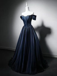 A-line Sweetheart Neck Off Shoulder Dark Blue Long Prom Dress with Beads