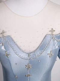 A-Line Puff Sleeves Satin Blue Long Prom Dress, Blue Long Formal Dress