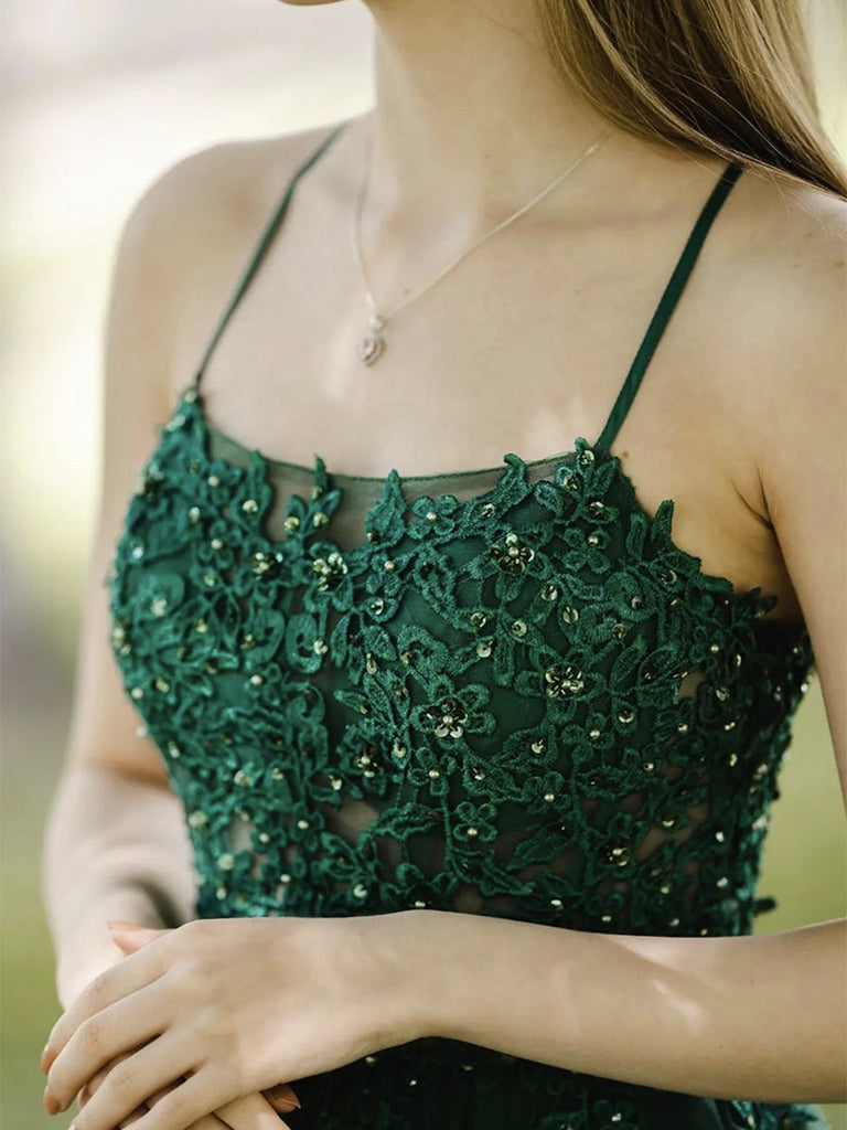 A-Line Tulle Lace Backless Green Long Prom Dress, Green Lace Long Formal Dress