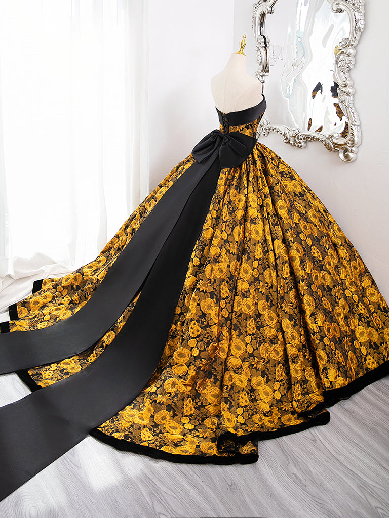 A-Line Yellow Satin Lace Long Prom Dress, Yellow Long Evening Dress