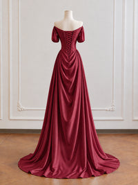 A-line Off Shoulder Satin Burgundy Long Prom Dress