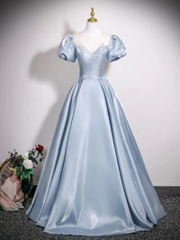 A-Line Puff Sleeves Satin Blue Long Prom Dress, Blue Long Formal Dress