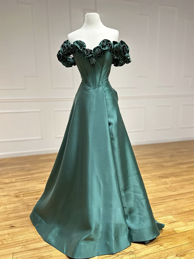 A-Line Off Shoulder Satin Green Long Prom Dress, Green Long Formal Dress