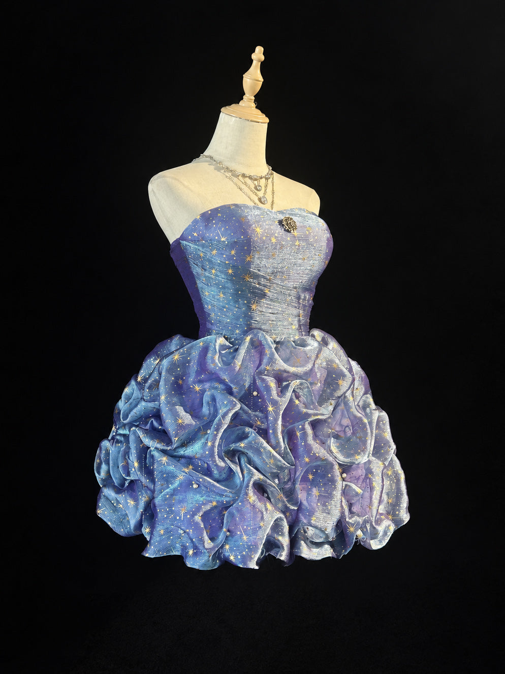 Sparkly Starry Sky Strapless Blue Purple Short Prom Dress with Ruffled Ball Gown Skirt