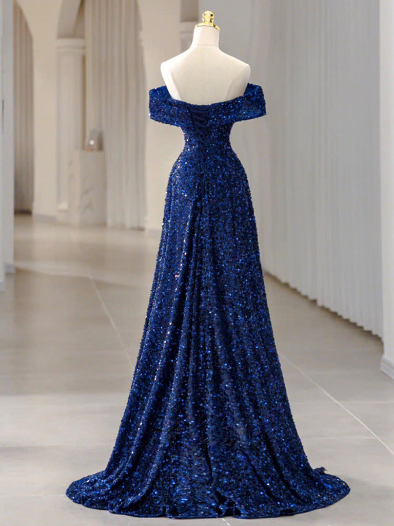 Simple Off Shoulder Sequin Blue Long prom Dress, Blue Sequin Long Even