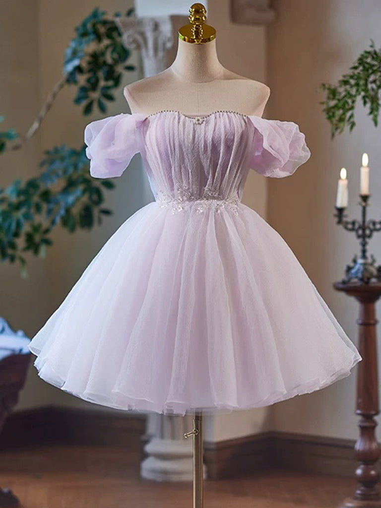 short formal dresses purple A-Line Tulle Purple Short Prom Dress, Purple Homecoming Dress – toptby