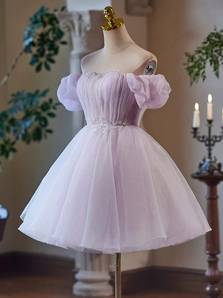 A-Line Tulle Purple Short Prom Dress, Purple Homecoming Dress