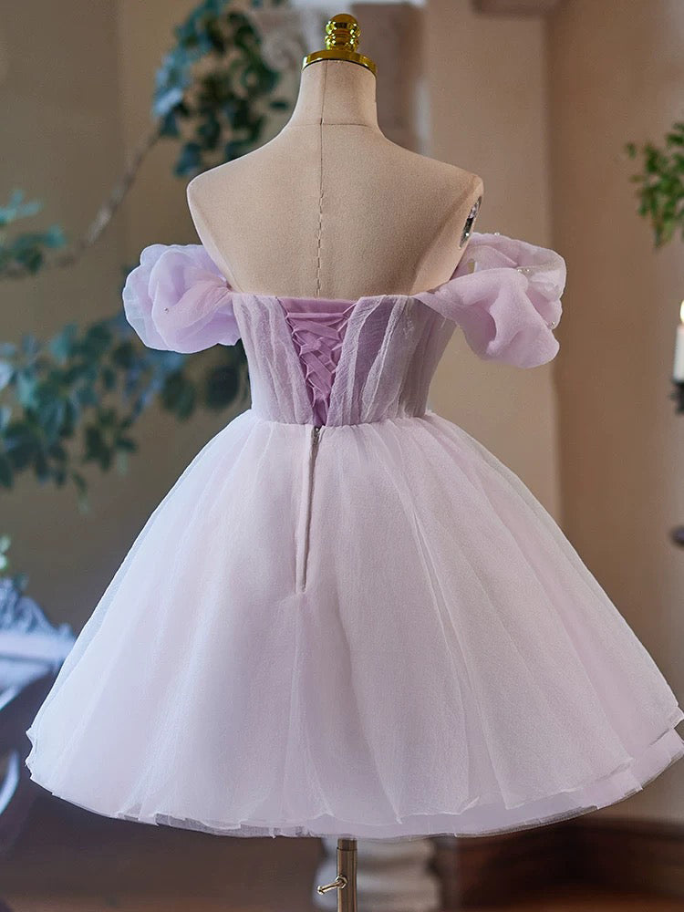 A-Line Tulle Purple Short Prom Dress, Purple Homecoming Dress