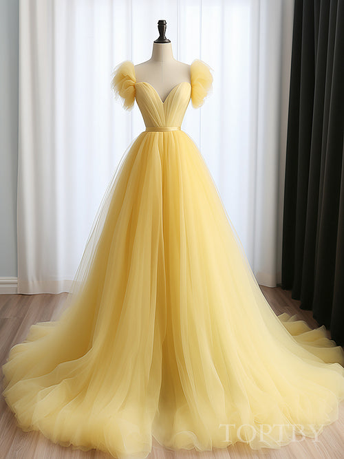 Simple Yellow Tulle Long Prom Dress, Yellow Formal Bridesmaid Dresses main image 0