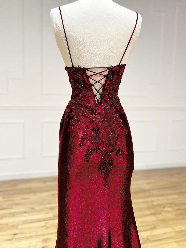 Mermaid V Neck Satin Lace Burgundy Long Prom Dress, Burgundy Long Formal Dress