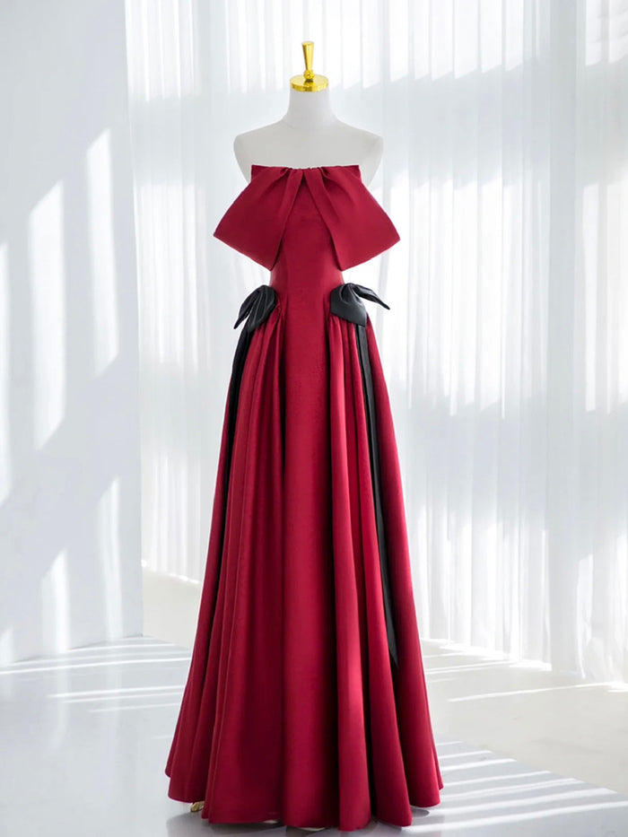 A-Line Off Shoulder Satin Burgundy Long Prom Dress, Burgundy Long Formal Dress