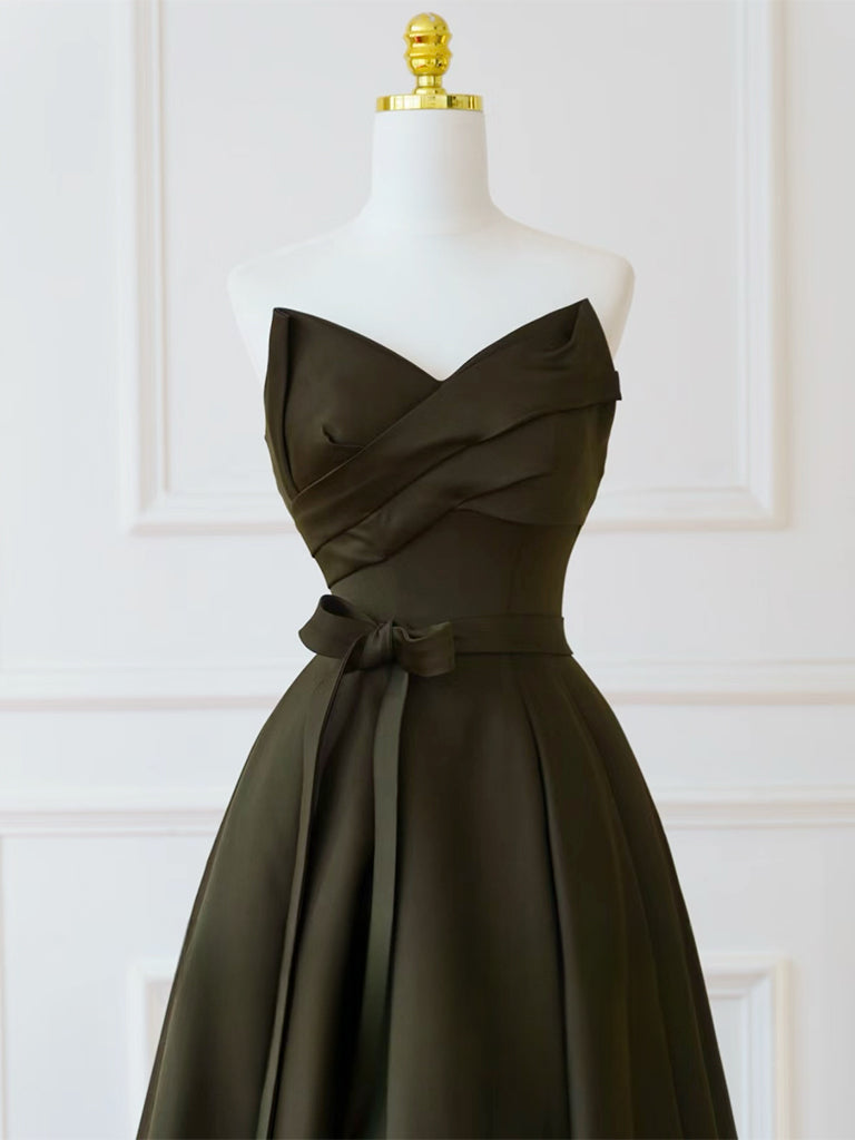 A-Line V Neck Satin Olive Green Long Prom Dress, Olive Green Long Formal Dress