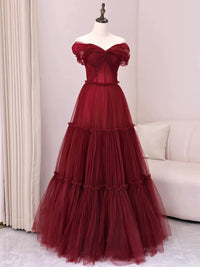 A-Line Off Shoulder Tulle Burgundy Long Prom Dress, Burgundy Long Formal Dress