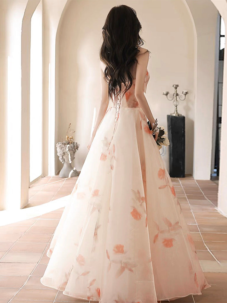 A-Line Tulle Champagne Long Prom Dress, Champagne Long Formal Dress