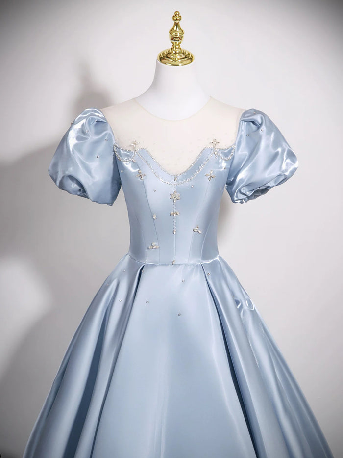 A-Line Puff Sleeves Satin Blue Long Prom Dress, Blue Long Formal Dress