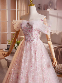 A-line Off Shoulder Tulle Lace Pink Long Prom Dress, Pink Long Evening Dress