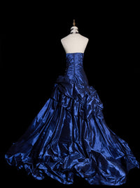 Blue Strapless Beaded Satin Prom Gown with Ruffled Skirt