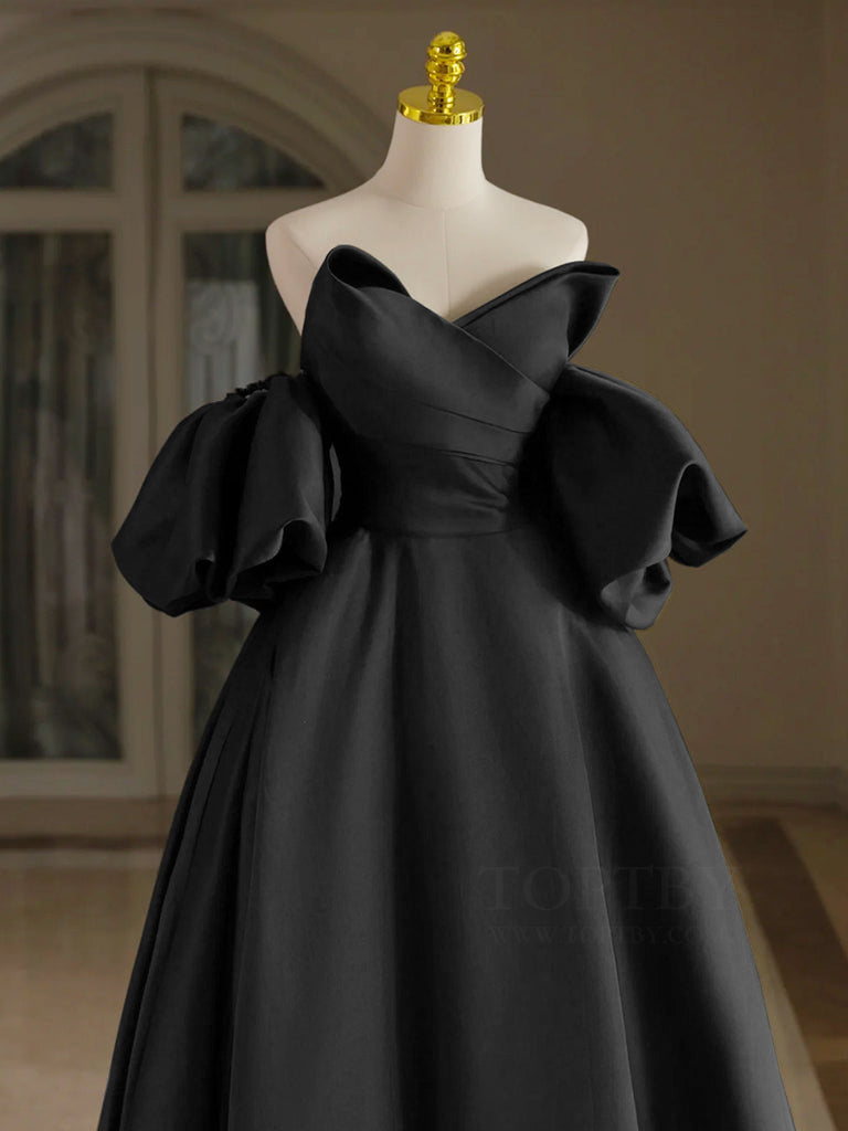 A-Line V Neck Puff Sleeves Satin Black Long Prom Dress, Black Long Formal Dress