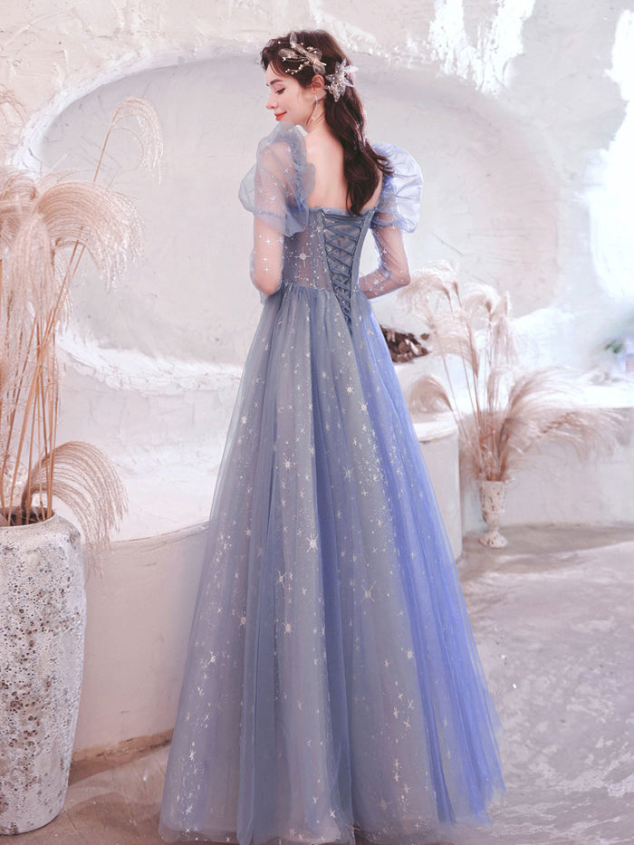 Blue tulle long prom dress, Blue A line evening dress